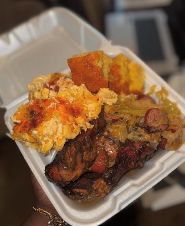 Jerk chicken with fried cabbage , Mac n cheese & honey cornbread