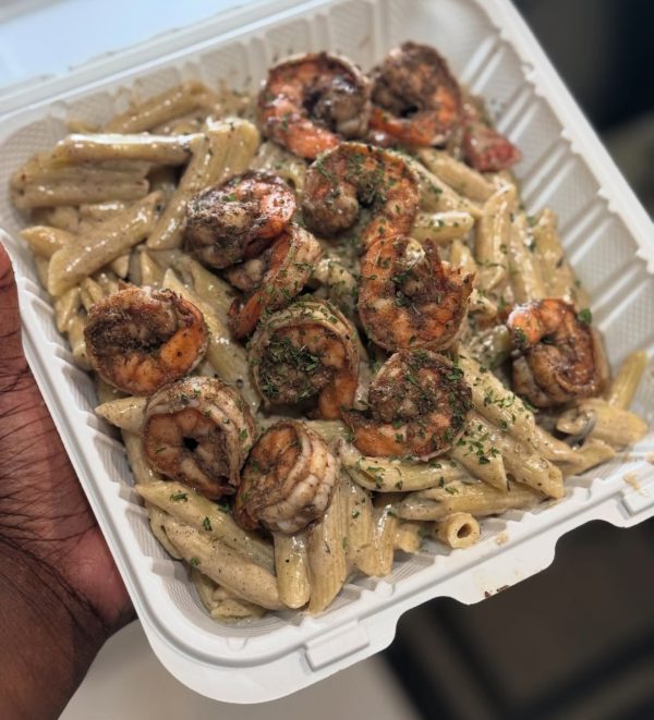 Jerk Shrimp Rasta pasta with garlic butter croissants