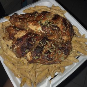 Jerk chicken Rasta pasta with garlic butter croissants