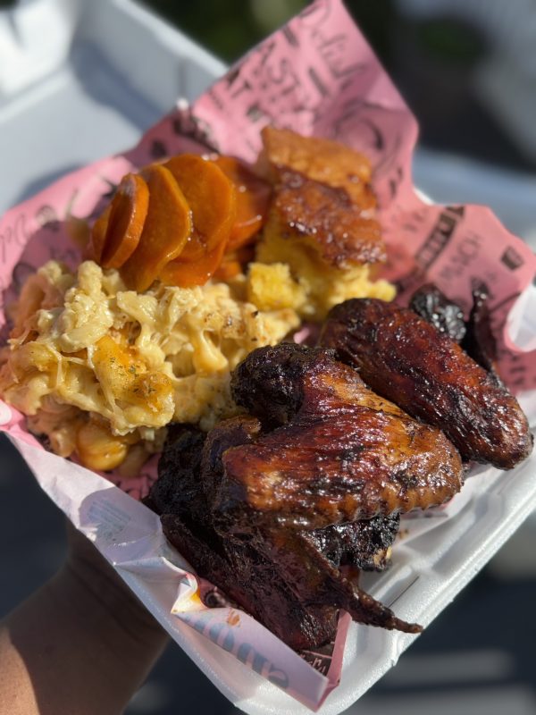 Jerk Chicken with Mac n Cheese, Candied yams and honey cornbread