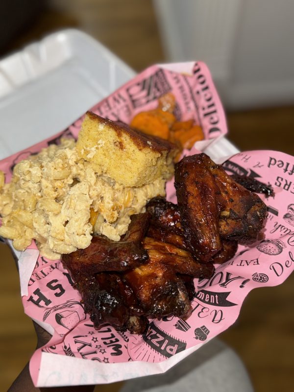 BBQ Chicken with Mac n cheese ,candied yams & honey cornbread