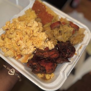 Bbq Chicken w/ fried cabbage , Mac n cheese & honey cornbread